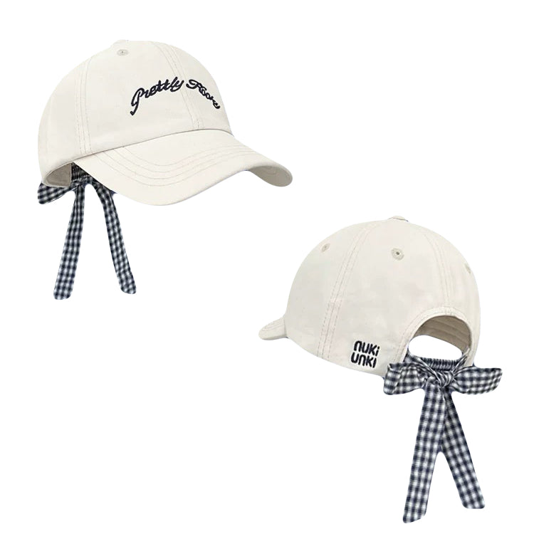 Ribbon Tie Letter Embroidered Baseball Cap Women Casual Hat with Gingham Bow Back